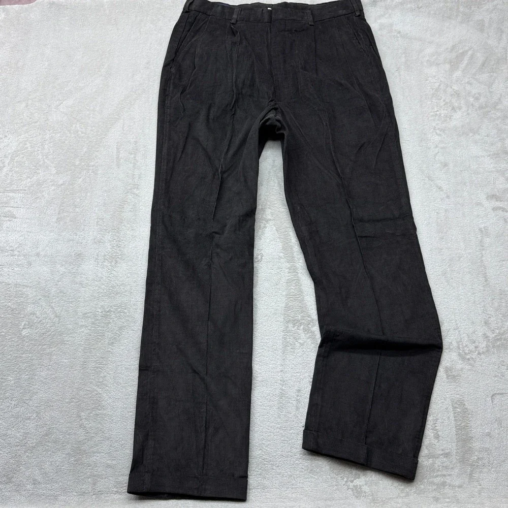 Vintage Lands End Corduroy Pants Mens 36L Black Pleated Cuffed 90s USA Trousers